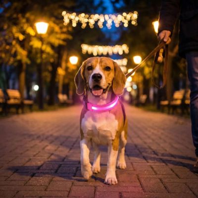 beagle avec collier lumineux pour chien rose