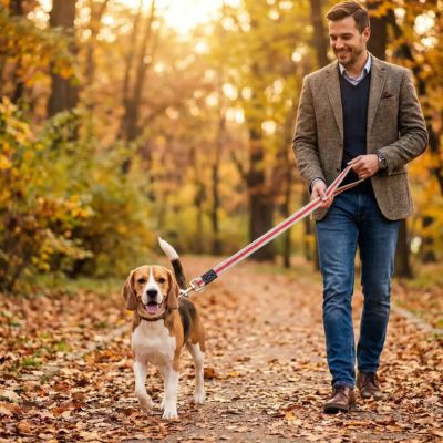beagle en balade avec laisse pour chien toile rouge