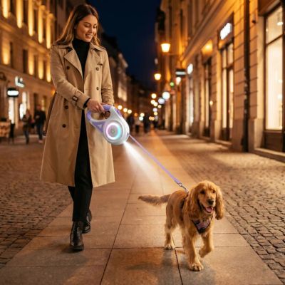 dame promène cocker avec laisse chien enrouleur led violet