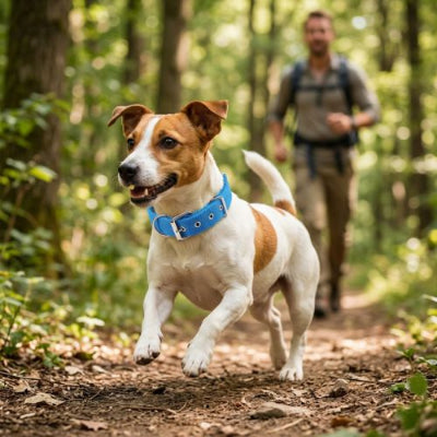 jack russell court avec collier plat pour chien bleu