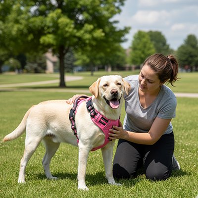 labrador heureux dans herbe avec harnais chien rose