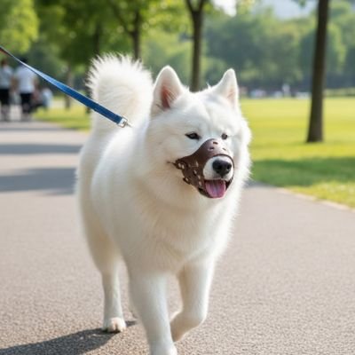 samoyède détendu au parc avec muselière chien marron