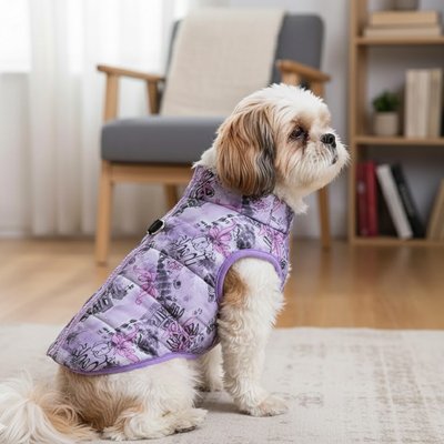 shih tzu assis avec manteau pour chien mauve