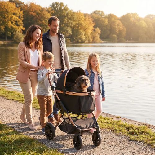 teckel dans poussette pour chien en promenade familiale