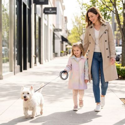 westie en balade en ville avec laisse pour chien anneau