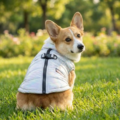 corgi dans herbe porte manteau chien imperméable gris