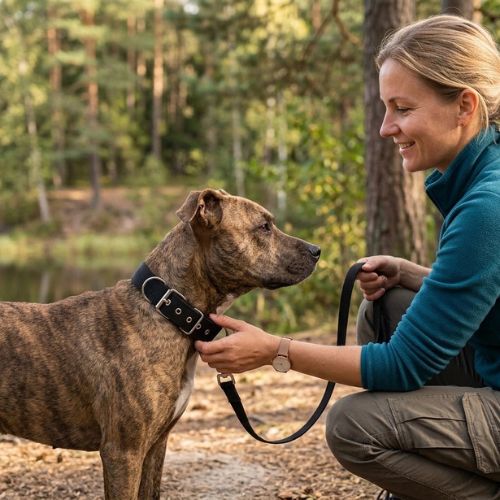 american staffordhire avec sa maîtresse porte collier chien noir