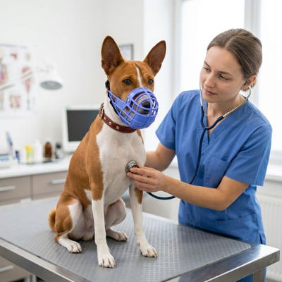 basenji chez vétérinaire avec muselière chien bleu