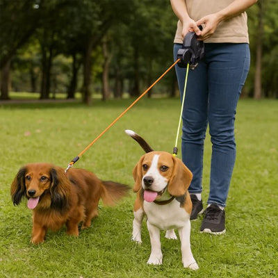 beagle et teckel tenus avec double laisse  pour chien rétractable