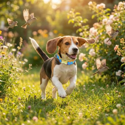 bébé beagle avec collier chiot bleu joue avec oiseaux