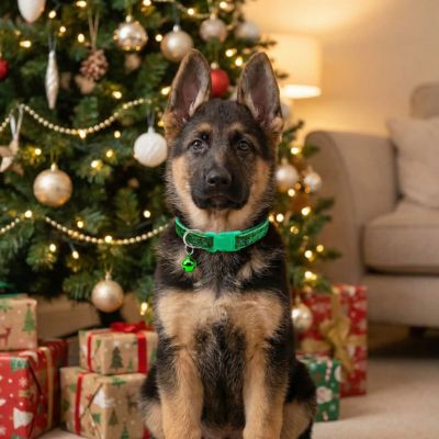 bébé berger allemand devant sapin porte collier chiot vert paillettes
