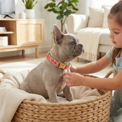 bébé bouledogue dans son panier avec collier chiot