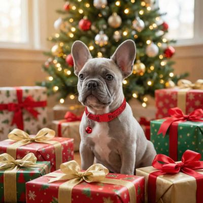 bébé bouledogue devant sapin porte collier chiot rouge paillettes