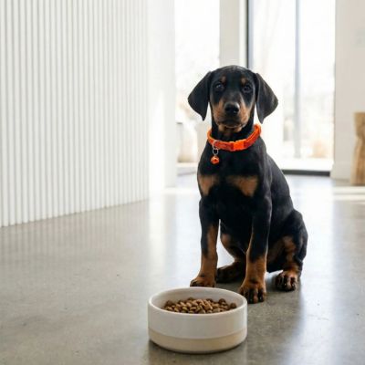 bébé doberman porte collier chiot orange paillettes