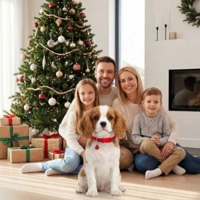 bébé king charles en famille porte collier chiot rouge paillettes