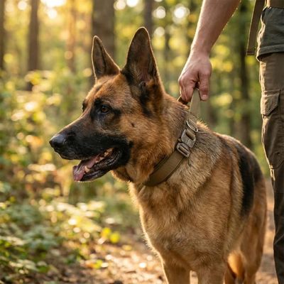 berger allemand avec collier chien est tenu par son maitre
