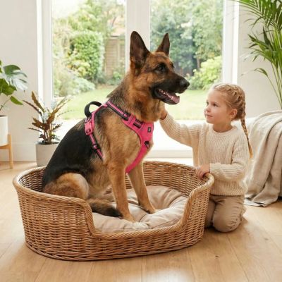 berger allemand avec harnais chien rose dans son panier 