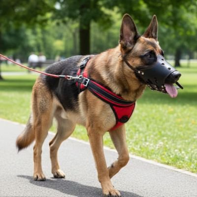 berger allemand en promenade au parc avec muselière chien