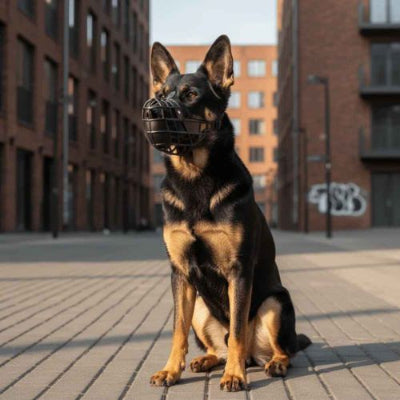 berger allemand en ville porte muselière chien