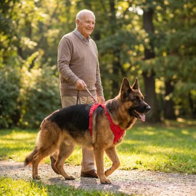 berger allemand porte harnais anti traction chien rouge