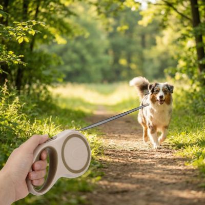 berger australien en promenade avec laisse rétractable pour chien kaki