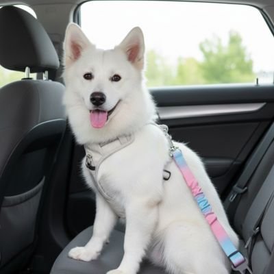 berger avec ceinture de securite pour chien rose et bleu