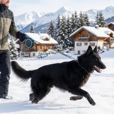 berger belge dans neige avec laisse rétractable pour chien bleu