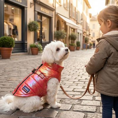 bichon avec manteau chien imperméable rouge regarde fillette avec amour