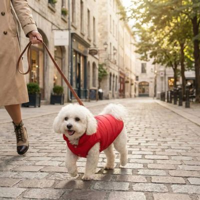 bichon en ville avec manteau pour petit chien rouge