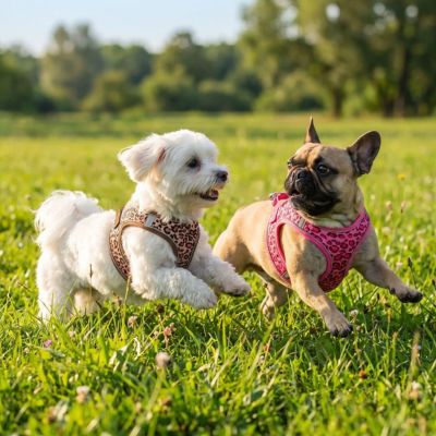 bichon et bouledogue jouent avec harnais petit chien léopard