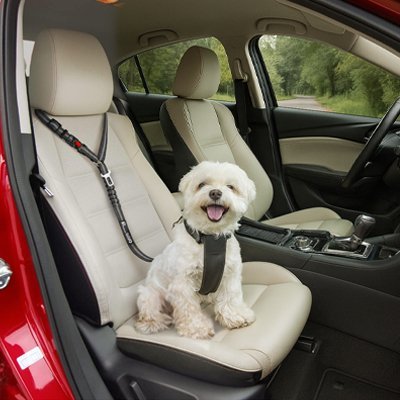 bichon heureux avec ceinture de sécurité pour chien