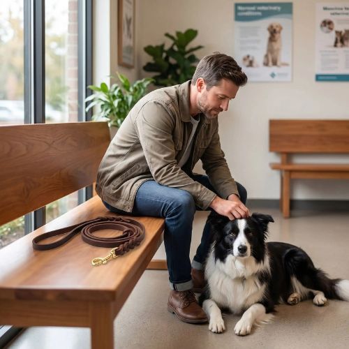 border collie chez vétérinaire avec laisse en cuir pour chien