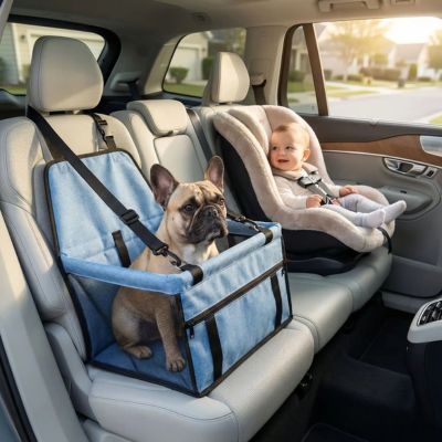 bouledogue assis dans siège auto chien bleu