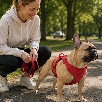 bouledogue au parc avec harnais anti traction chien rouge