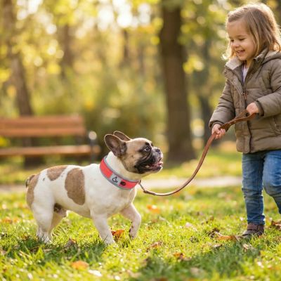 bouledogue avec collier chien rouge neoprène avec fillette dans herbe