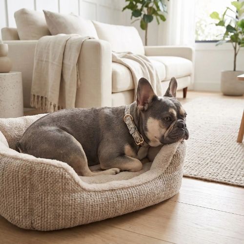 bouledogue dans panier porte collier pour chien serpent