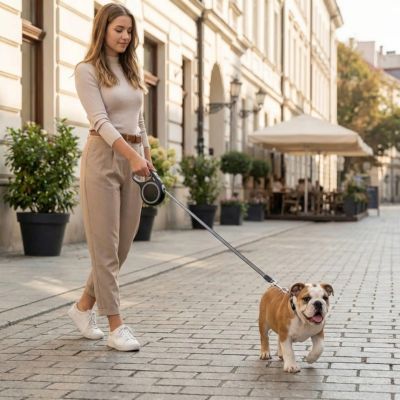 bouledogue en ville avec laisse rétractable pour chien grise
