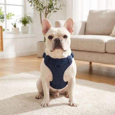 bouledogue fier avec harnais anti traction chien bleu