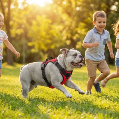 bouledogue joue avec harnais chien patch rouge