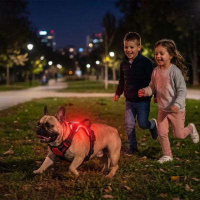 bouledogue porte harnais lumineux chien rouge