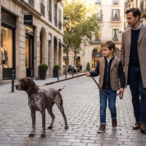 braque en ville tenu avec laisse en cuir pour chien