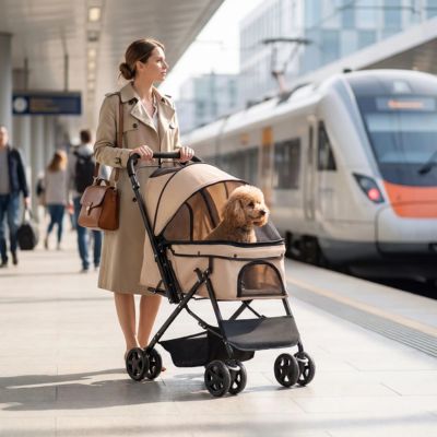 caniche dans poussette pour chien
