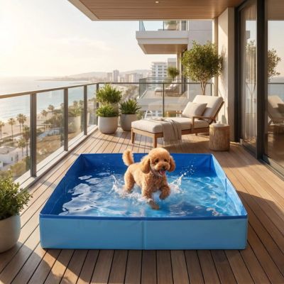 caniche joue dans piscine pour chien
