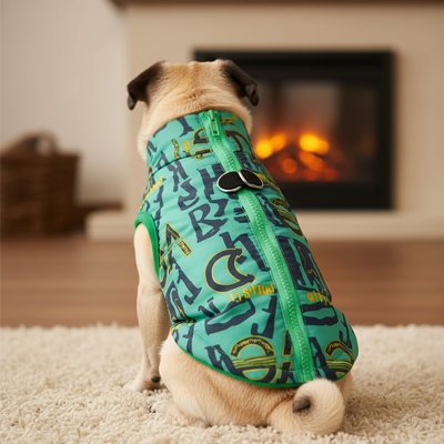 carlin assis de dos avec manteau pour chien vert