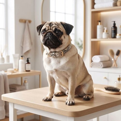carlin chez toiletteur porte collier pour chien serpent