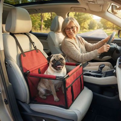 carlin dans siege auto chien rouge