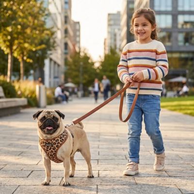 carlin porte harnais petit chien léopard marron en ville