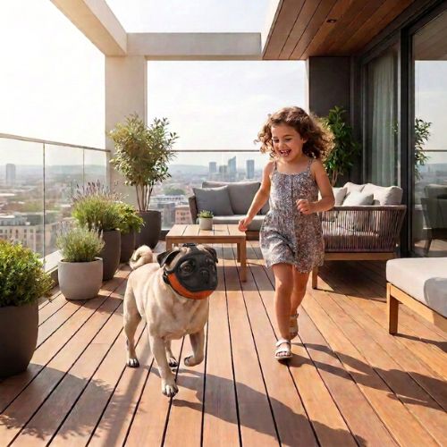 carlin porte muselière chien masque orange joue avec fillette