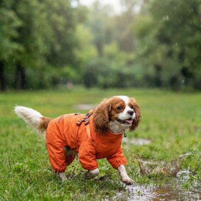 cavalier king charles avec manteau imperméable pour chien orange