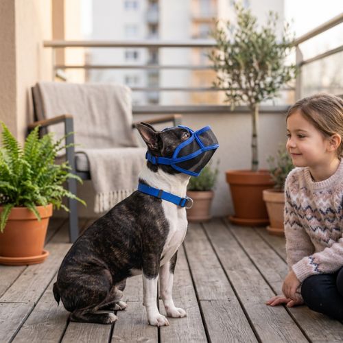 chien assis avec fillette porte muselière bouledogue français